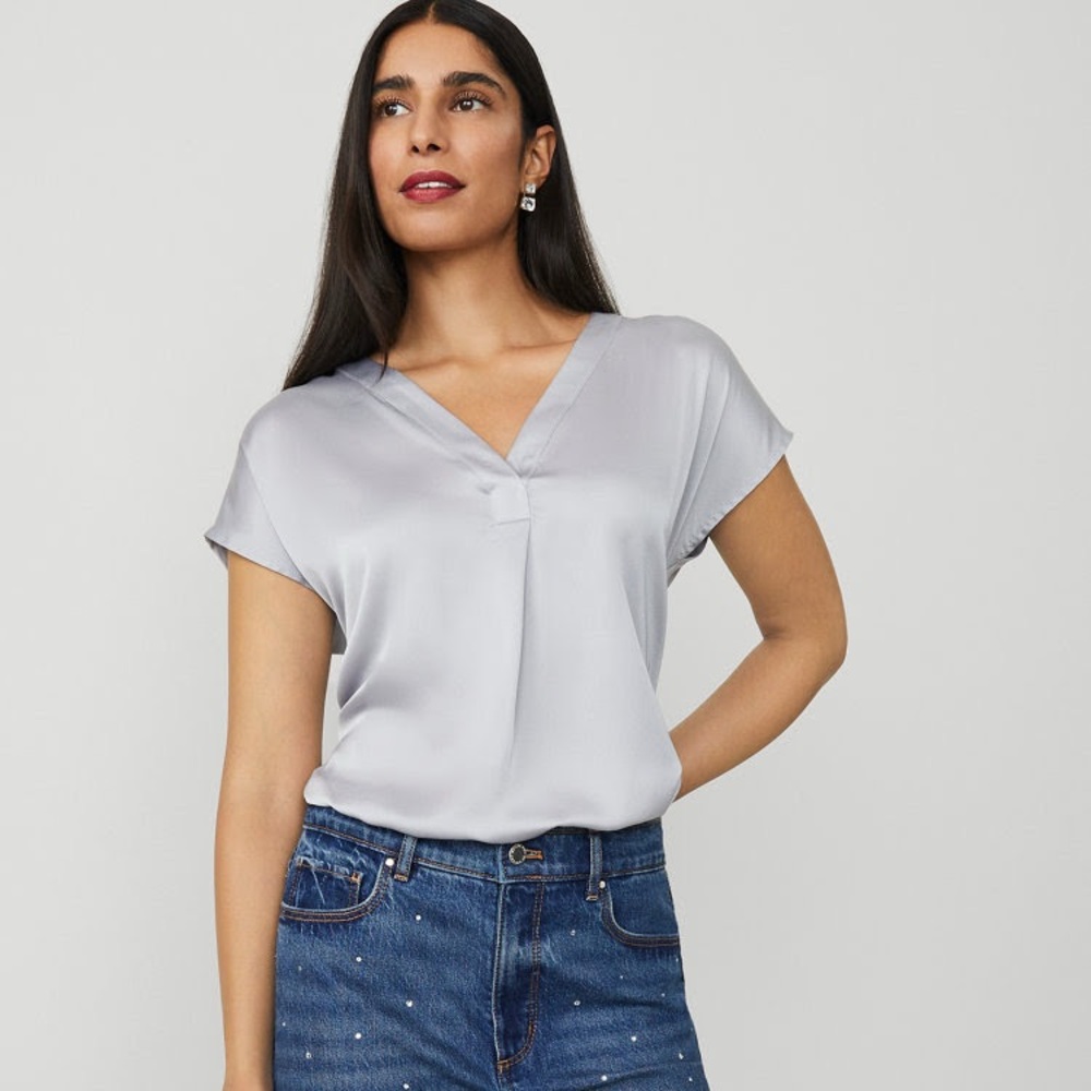 Ann Taylor Silver Shine Woven Pleat-front Top Size S